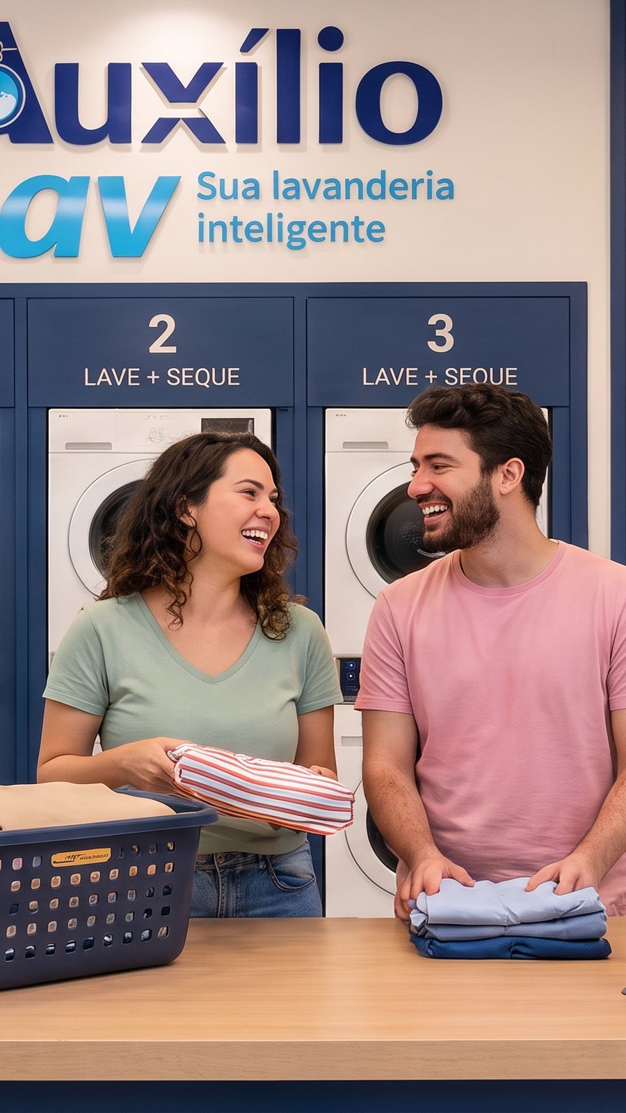 Casal conversando enquanto dobra as roupas limpas na bancada da Auxílio Lav
