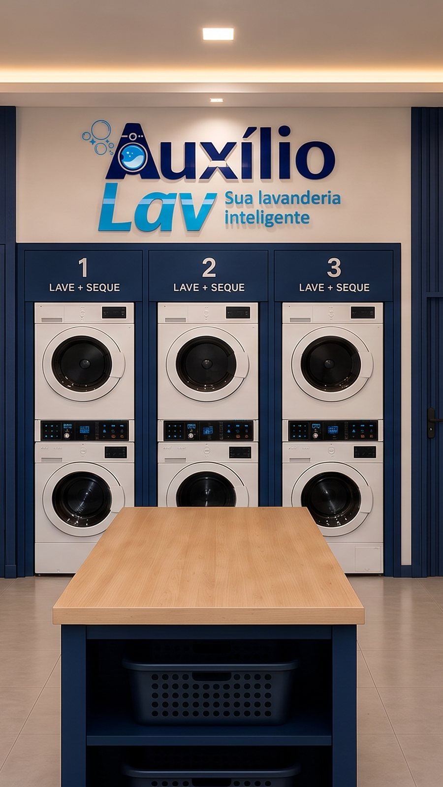 Interior da lavanderia Auxílio Lav em Palmas, Tocantins, com máquinas, bancada de dobra e área de espera