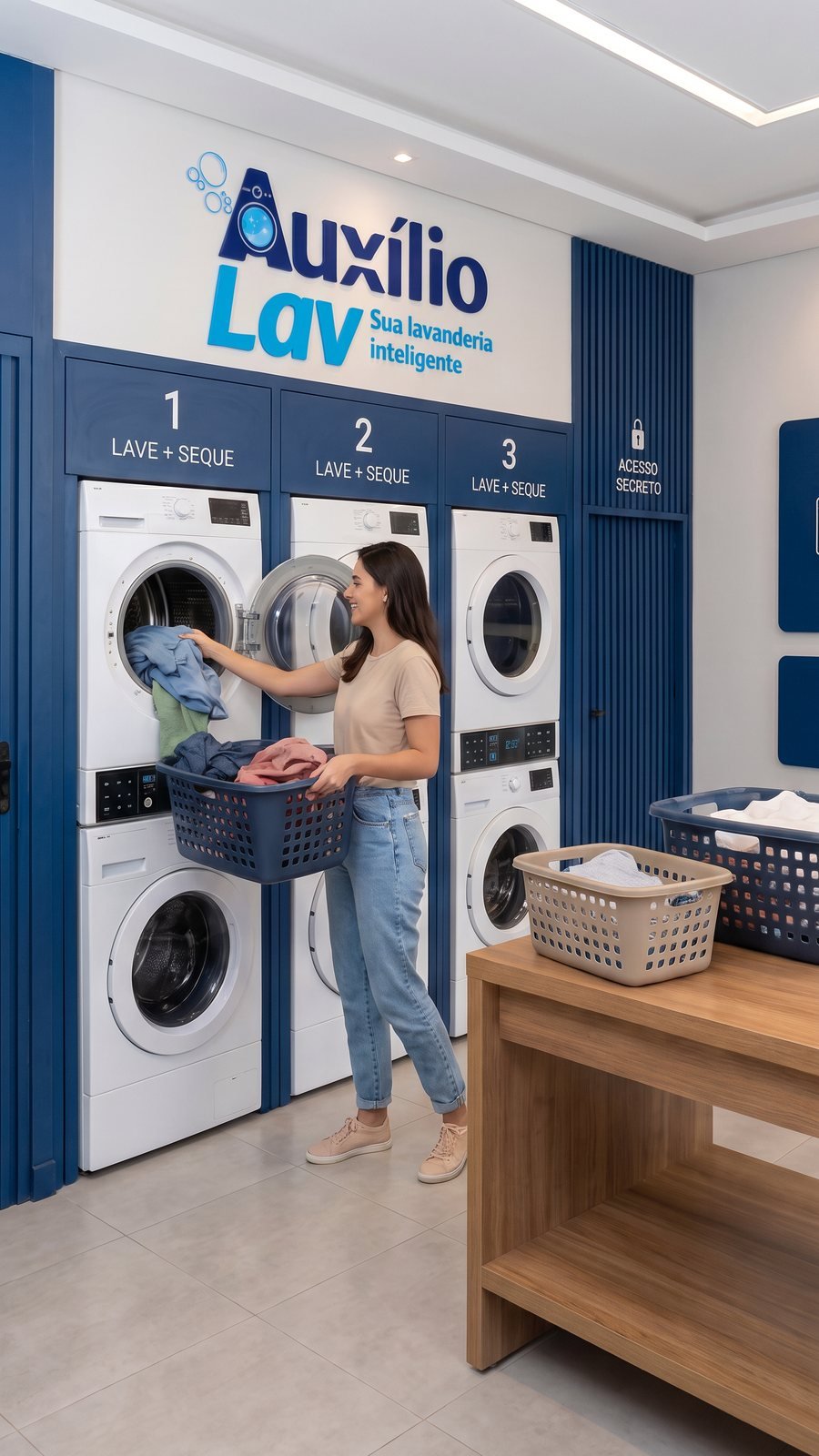 Cliente usando as máquinas da Auxílio Lav em um ambiente climatizado e organizado