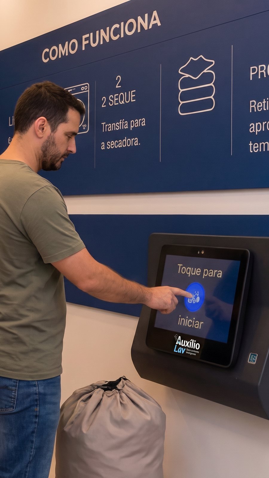 Cliente usando o totem de autoatendimento da Auxílio Lav em Palmas